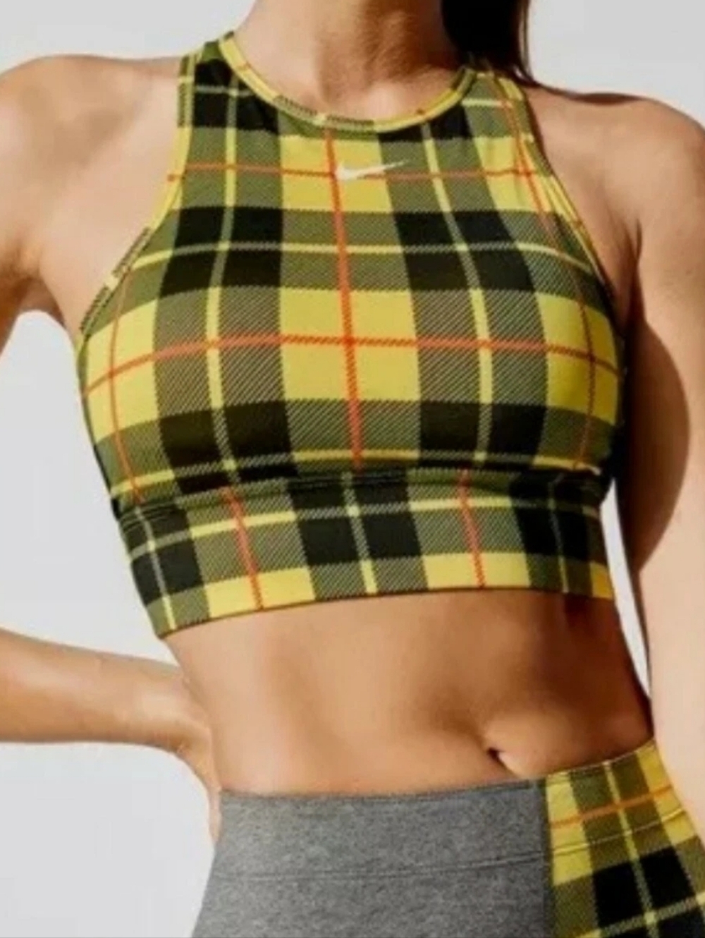 Y2K CLUELESS VIBES Nike Dri-FIT High Neck Plaid Bra Crop Top Yellow Black L